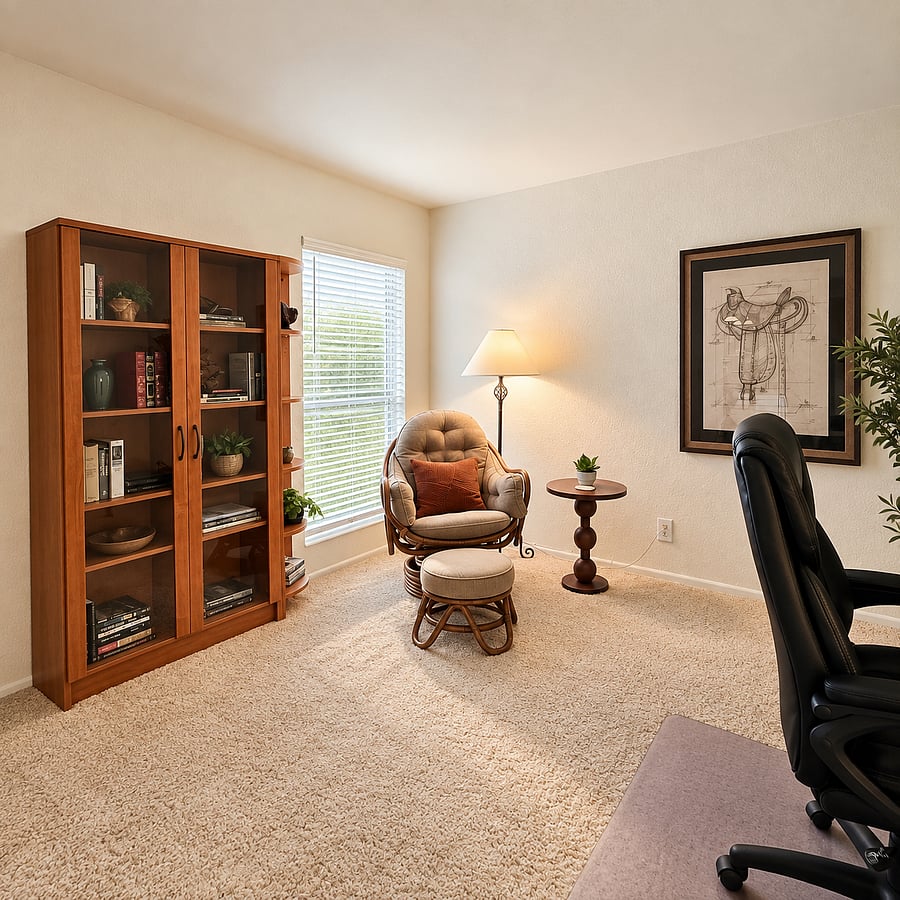 Large open Office / Den with Comfy chair and ottoman, custom desk and bookcase stocked with a nice variety of books for our guests to enjoy during their stay.  Large window provides plenty of natural light.