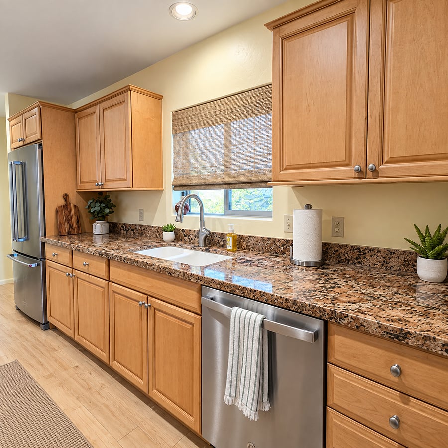 Custom kitchen cabinetry and gorgeous one-of-a-kind granite countertops. Window to atrium adds beautiful natural light