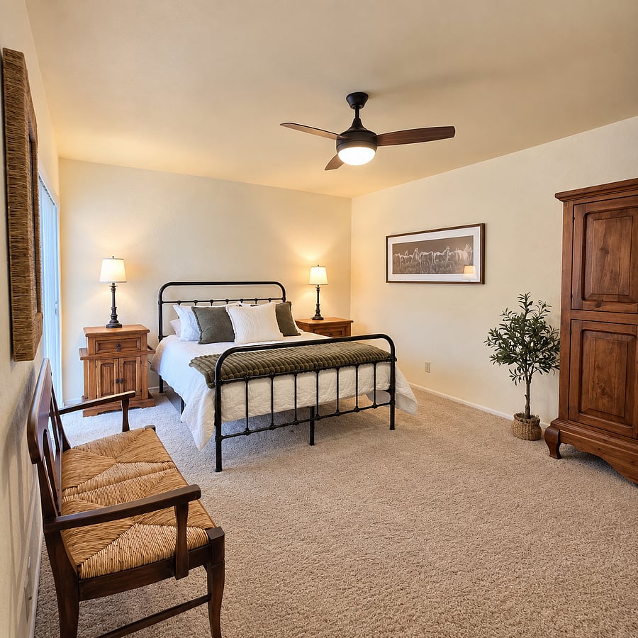 Spacious Primary Bedroom with beautiful custom armoire and nightstands