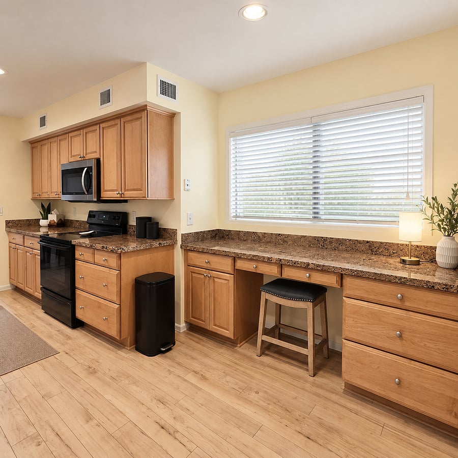 Beautiful and functional kitchen desk area with large window looking out to front courtyard