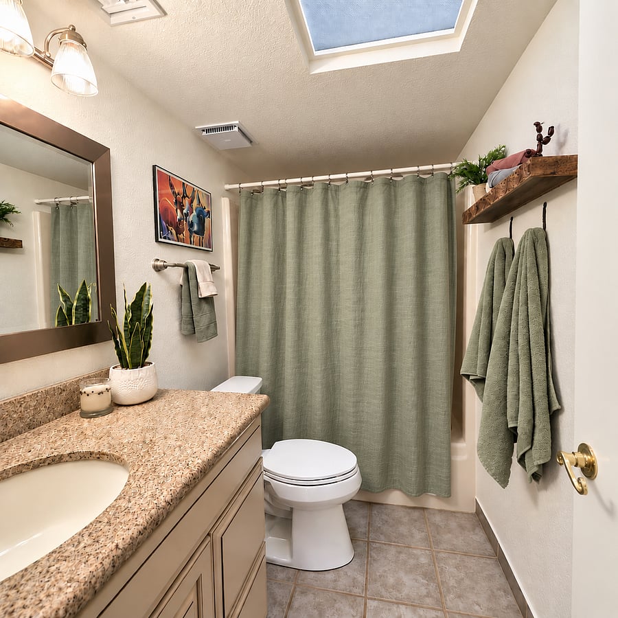 Hall bathroom with tub/shower and skylight