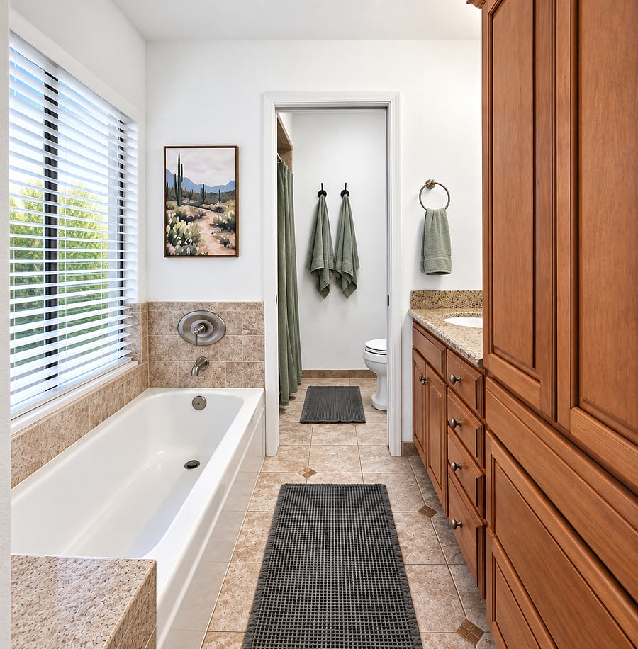 Primary bath with large tub and walk-in shower. Large window with privacy screens and skylight provide lots of natural lighting. Beautiful custom cabinetry offers lots of additional storage space.