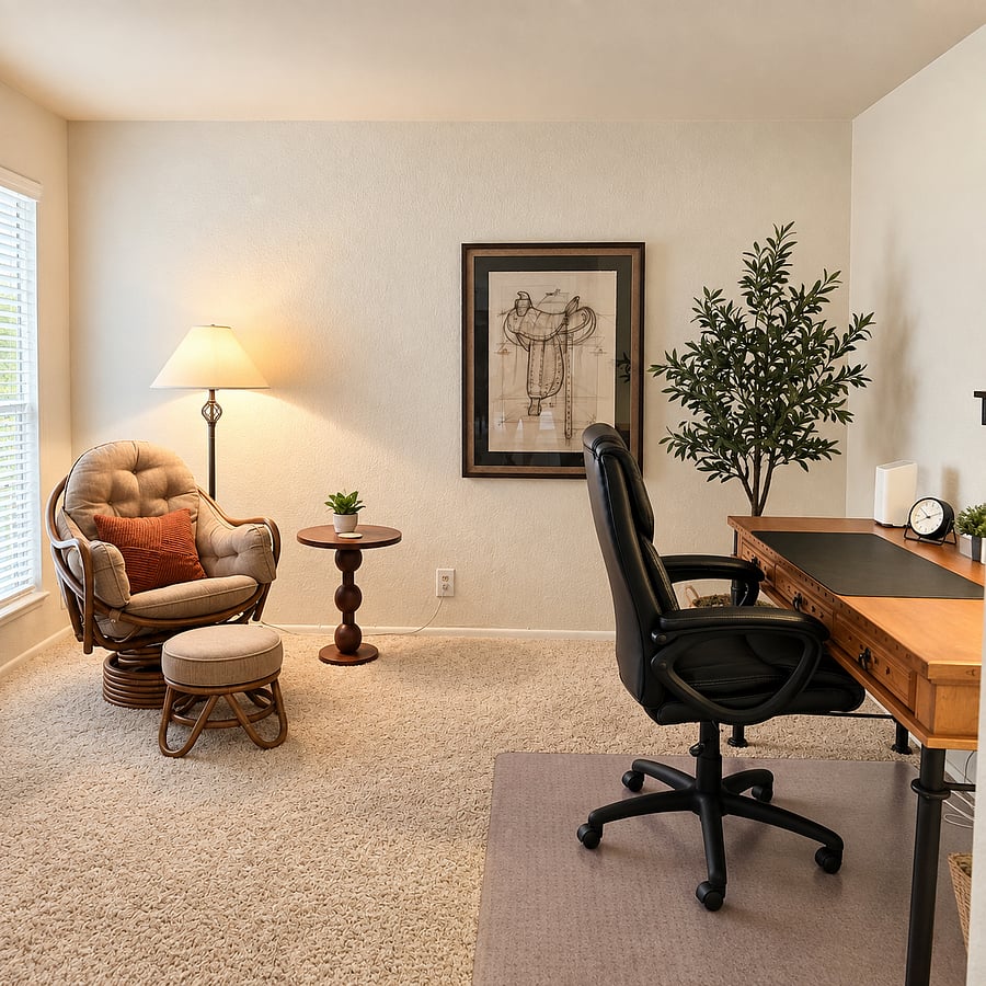 Large open Office / Den with full-size custom desk. Large window provides plenty of natural light. The comfy chair and ottoman provide a great place to relax with a good book.