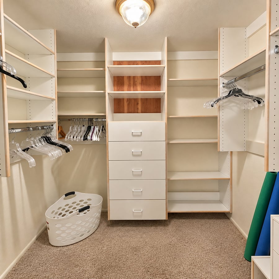 Primary Bedroom features a large walk-in closet with custom built-ins, including full dresser