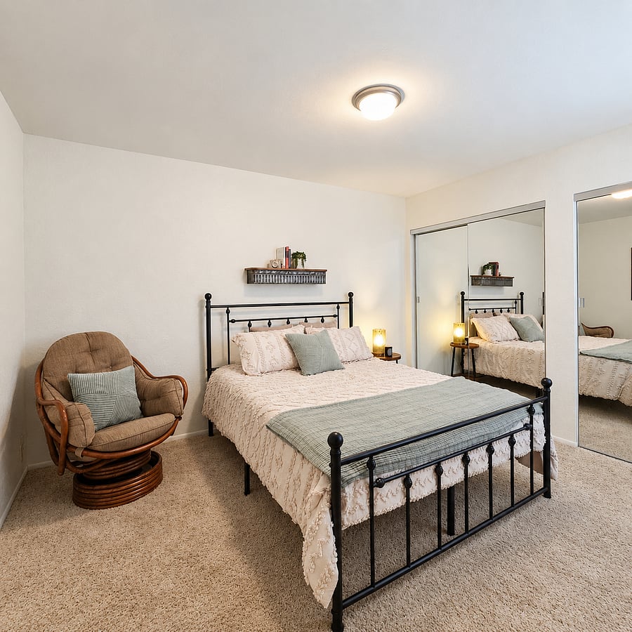 Second bedroom with Queen bed, comfortable chair and large double closets provide ample storage space.