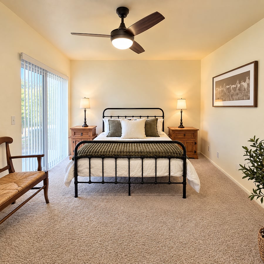 Primary bedroom, queen bed, custom nightstands, beautiful bench. Slider with darkening blinds opens to backyard patio
