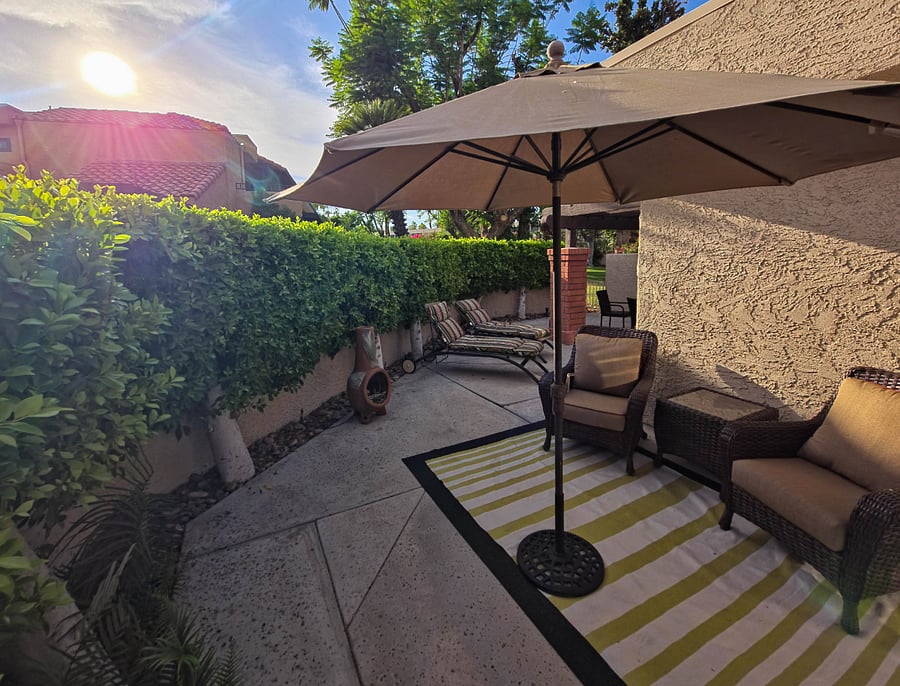 Covered back patio seating.