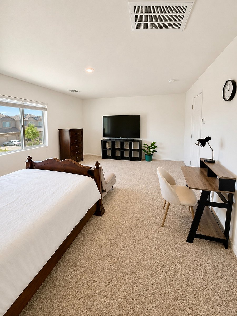Spacious master bedroom with 65" Sony tv and workspace
