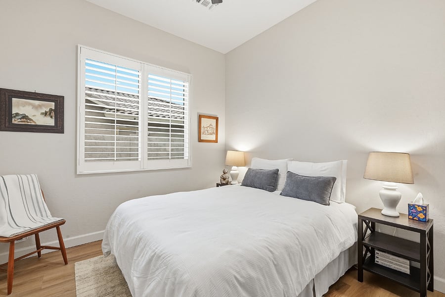Queen bedroom 2 - also has hanging shelves in the closet for storage.