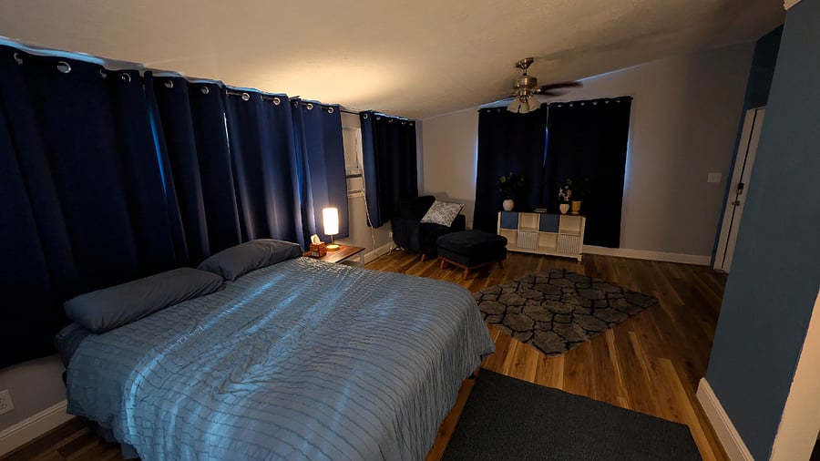 Solid blackout curtains on all windows, helpful for daytime sleep or night-shift schedules.