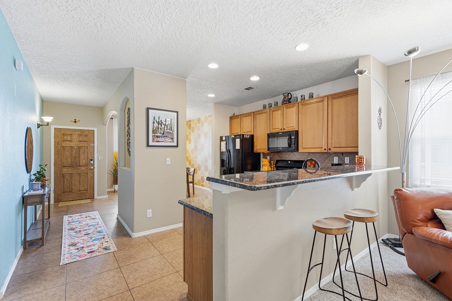 Colorful decor with lots of natural lighting.