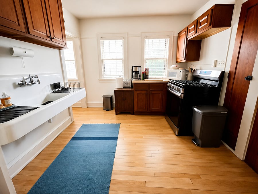 Kitchen with Gas Range and Full Sized Fridge