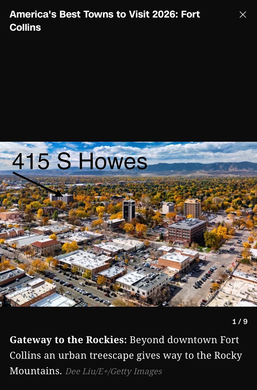 Aerial View of Fort Collins with condo building