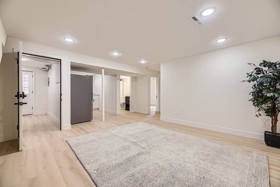 Living Room Looking to Kitchen and Bath and 2 x Bedrooms - Door into utility Space on Left