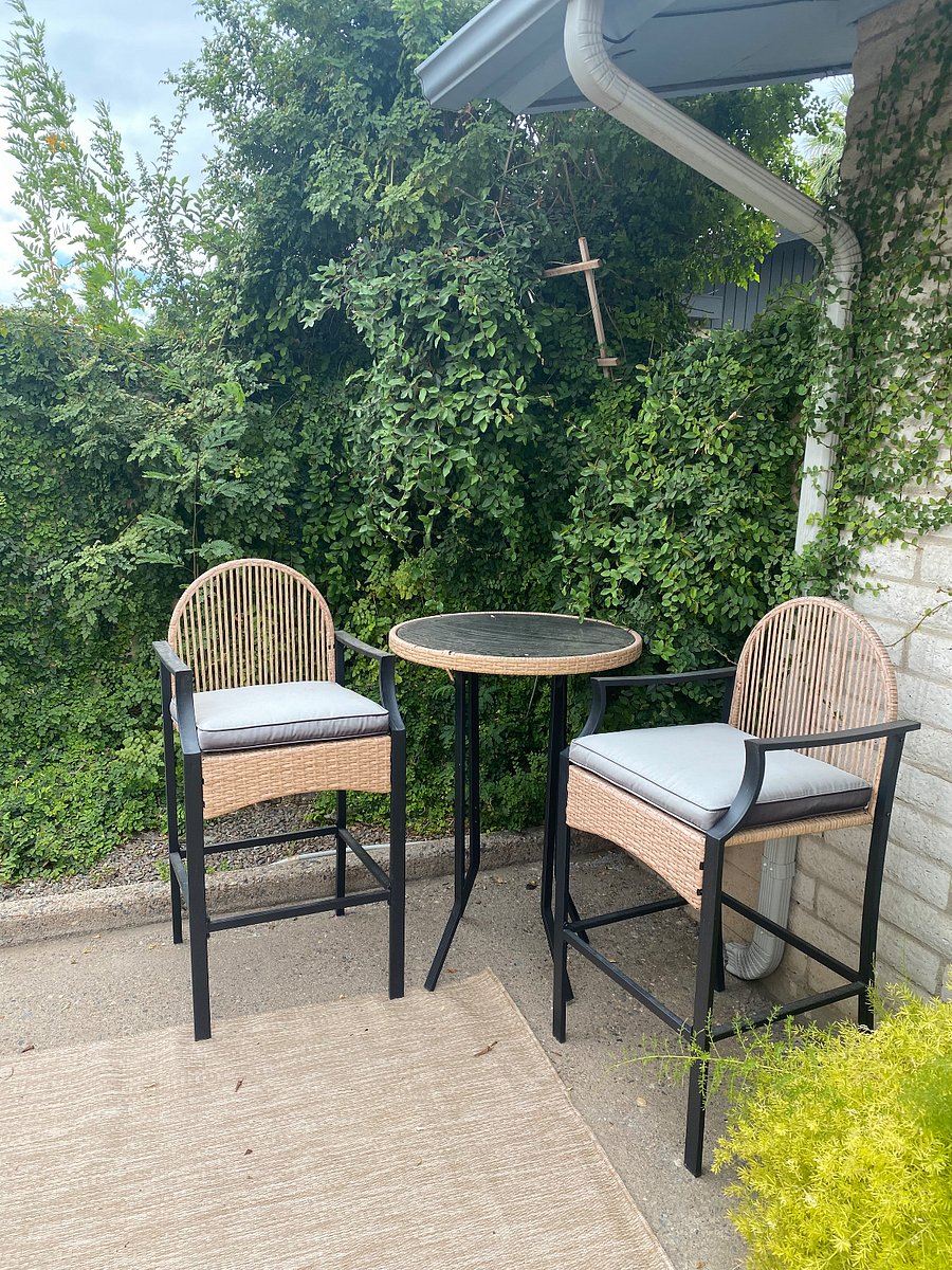 Bistro set in backyard.