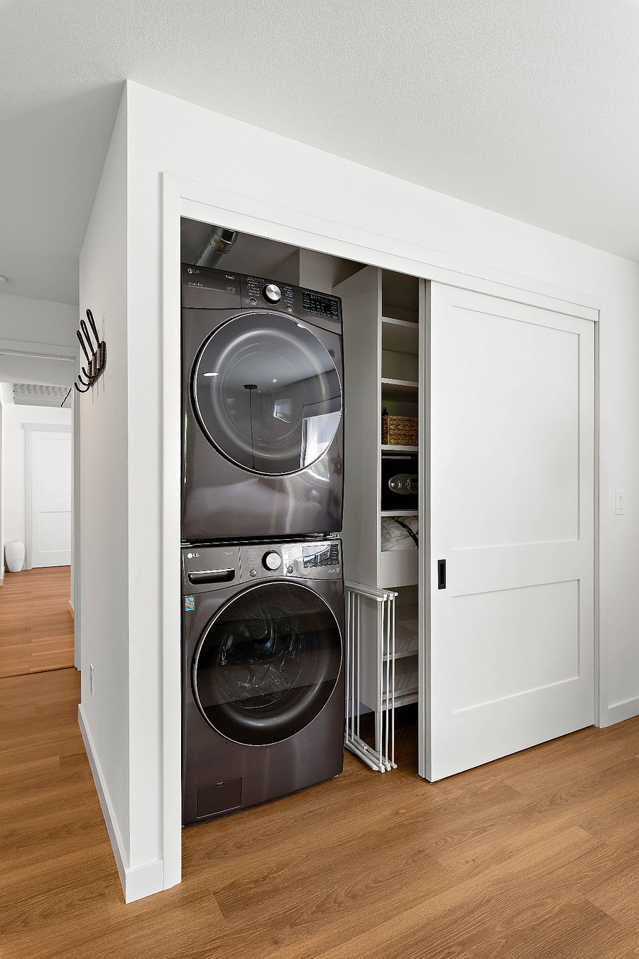 Brand new washer and dryer for use with starter laundry supplies.