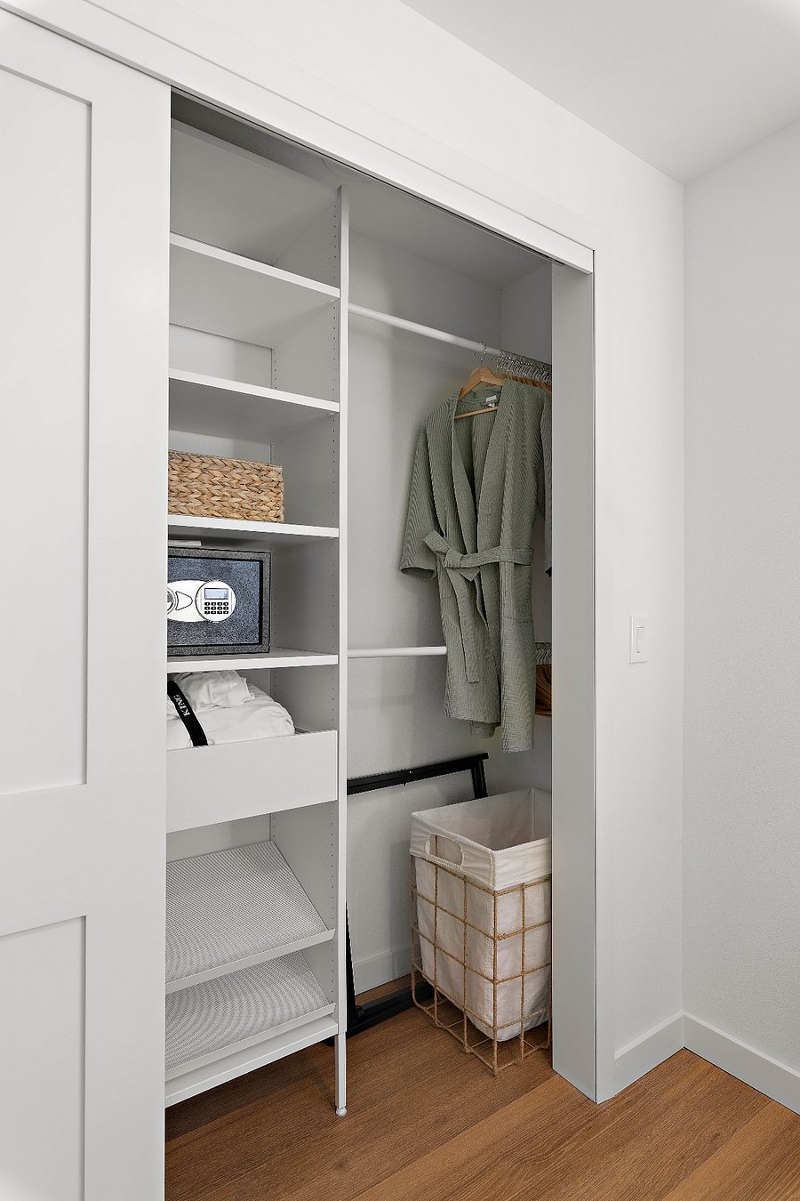 Built-in closet includes luggage rack, personal safe, and other amenities.