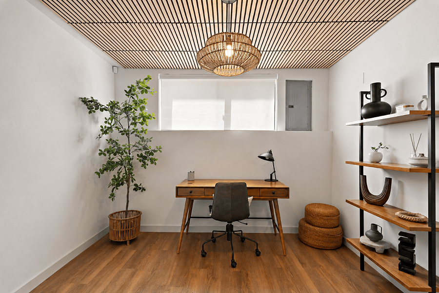 Dedicated office with a spacious desk, chair, task lighting, and high-speed Wi-Fi - perfect for remote work, gaming, or studying. Includes keyboard, mouse, mouse pad, laptop stand, and USB webcam.