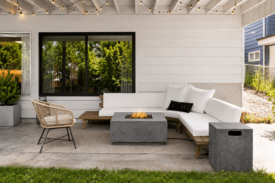 Firepit with string lights controlled via a switch in the living room - full control lies with the renter! Propane firepit is available to use and includes key, 1 tank of propane per stay, and lighter to start fire.