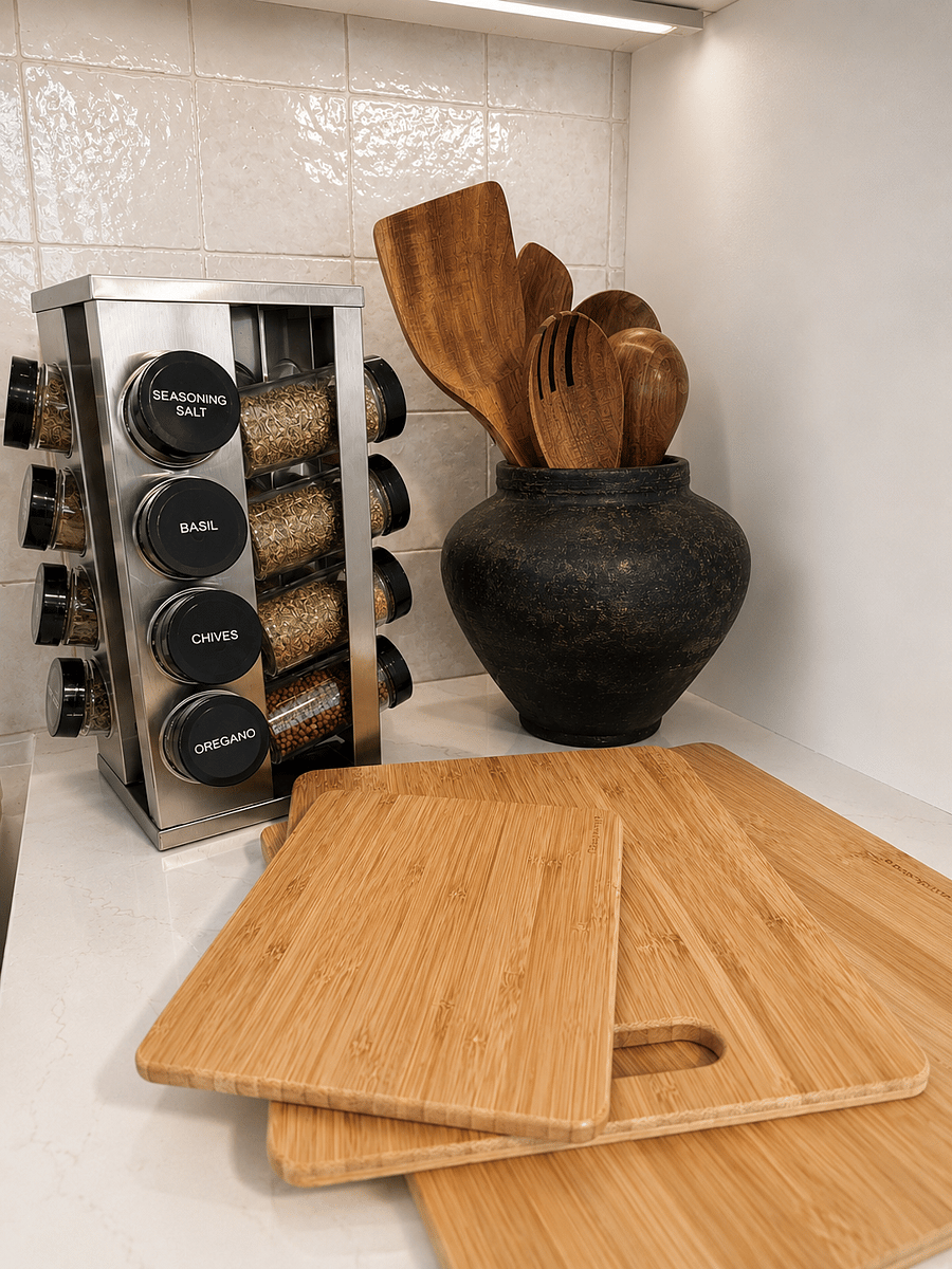 Cooking essentials within easy reach, including a stocked spice rack, bamboo cutting boards, quality wooden utensils, and prep space for home-cooked meals.