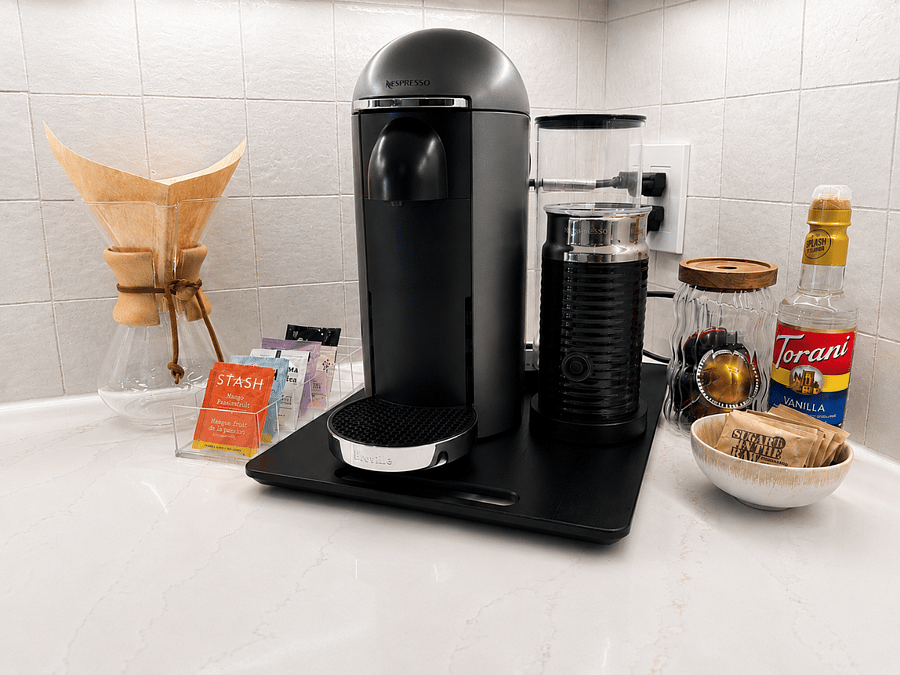Start your morning your way with Nespresso coffee, Chemex pour-over, hot tea, a milk frother, and complimentary starter coffee pods and tea.