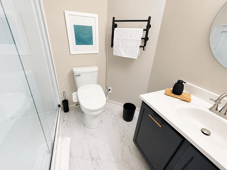 Spa inspired bathroom with towel warmer and bidet