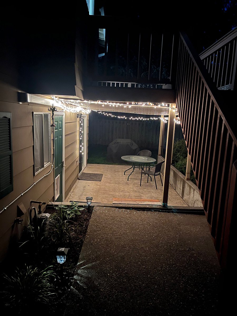 Lights are on timer and can be adjusted to your schedule. Motion sensor lights above glass sliding doors are always on.