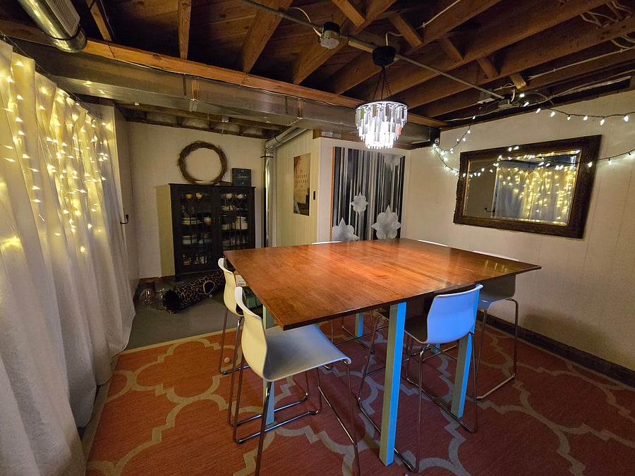 Basement dining and gaming table.