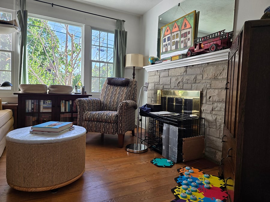 West end of living room. Non-functioning fireplace.