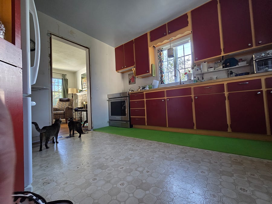 The kitchen cabinets are old but functional. The cooking appliances are newer and quality.