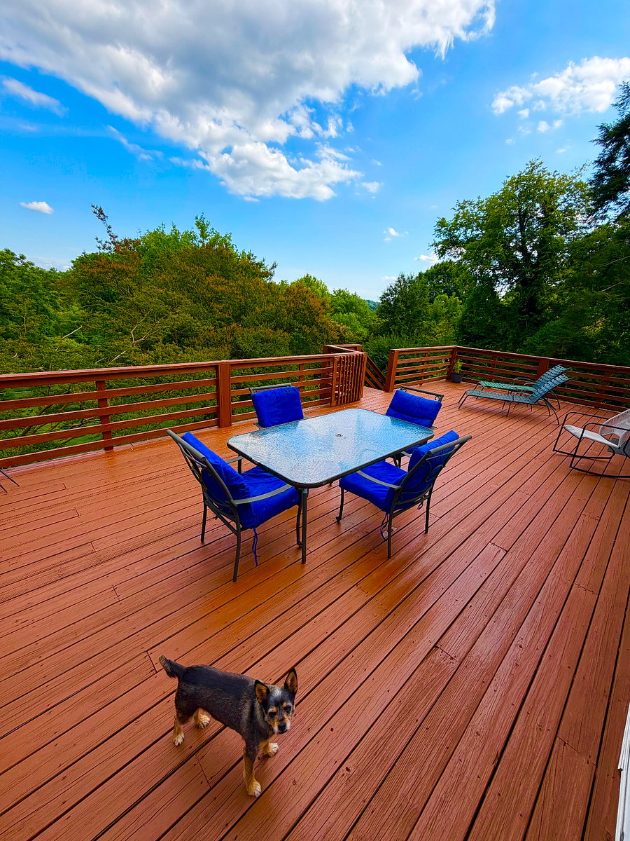 The deck features sun loungers, a rocker, and a patio table with 4 chairs.