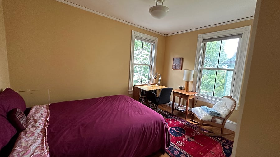 2nd floor north+west-facing bedroom with queen bed
