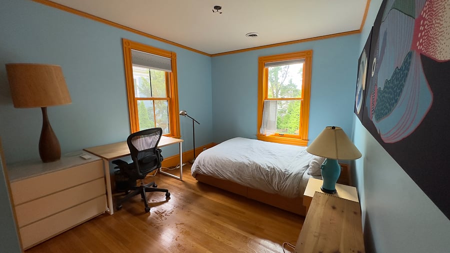 2nd floor south+west-facing bedroom with queen bed