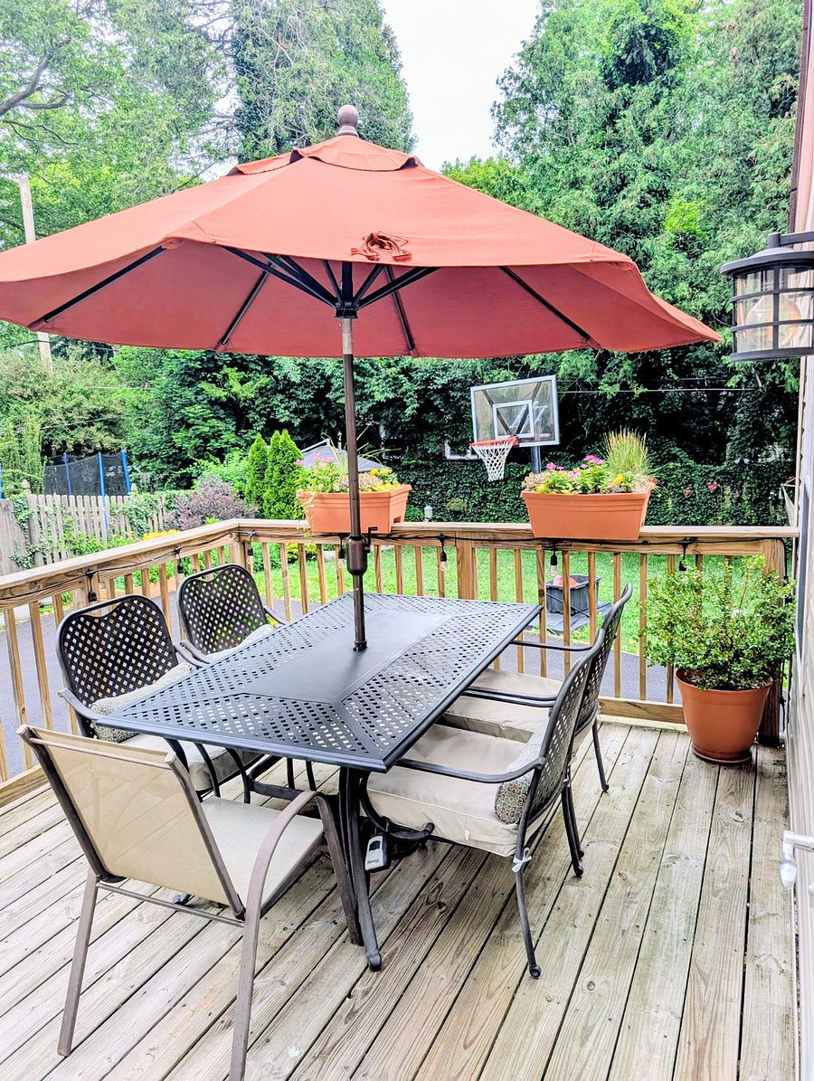 Deck overlooking backyard