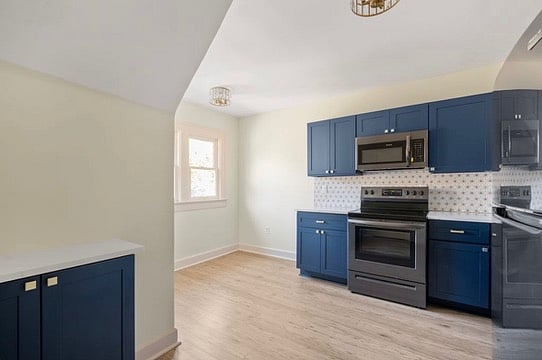Kitchen has table near windows. Dishes and basic kitchen needs supplied.
