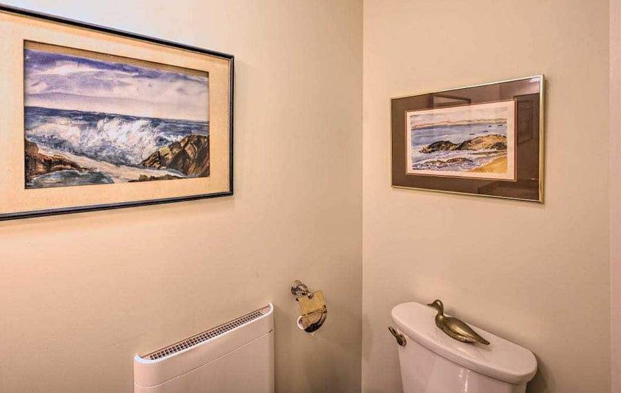 Powder room off the hall to the bedroom features watercolors painted by my mother.
