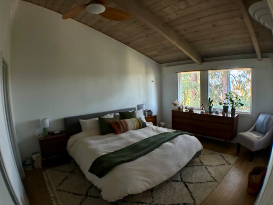 Primary bedroom with a view of redwoods.