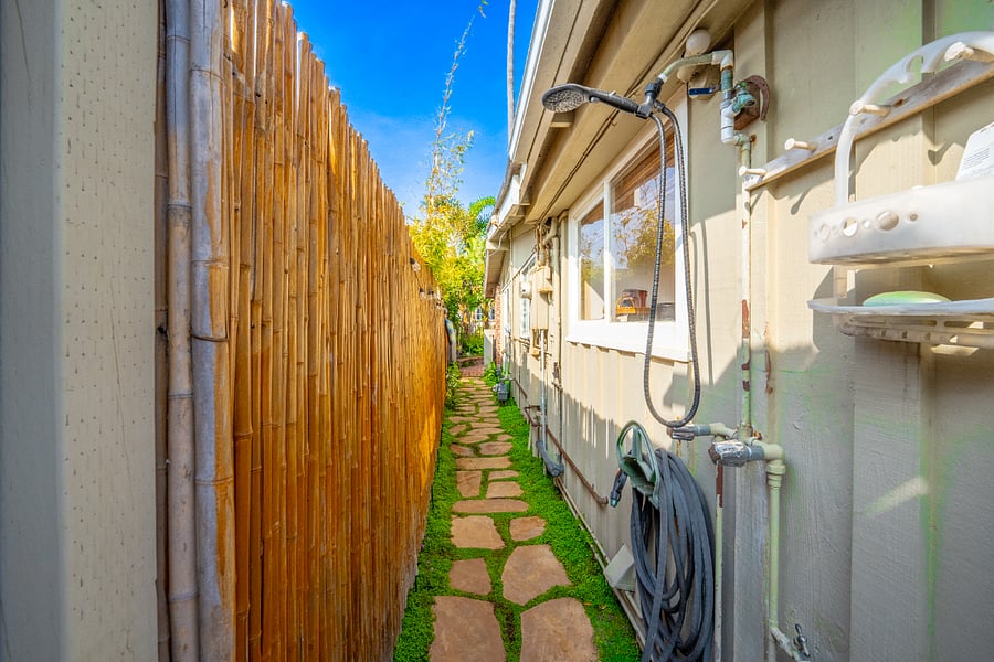 Side path and hot/cold shower for beach and pet cleanup