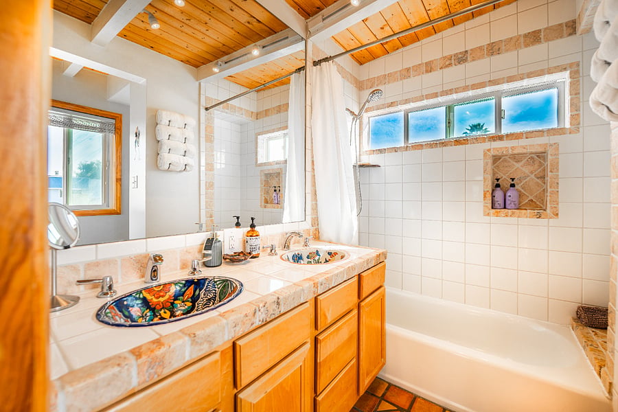 Master ensuite with imported double sinks and tub/shower