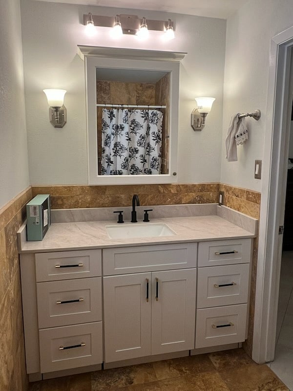 Master Bath with new vanity and walking shower