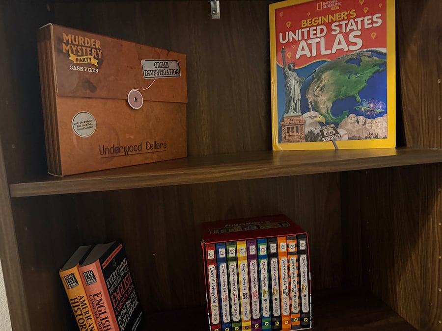bookcase with children's book in one of the bedrooms. 