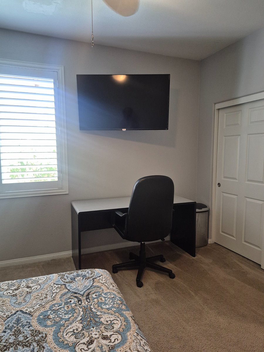 Your flat screen TV, Desk, chair, stainless trash.
