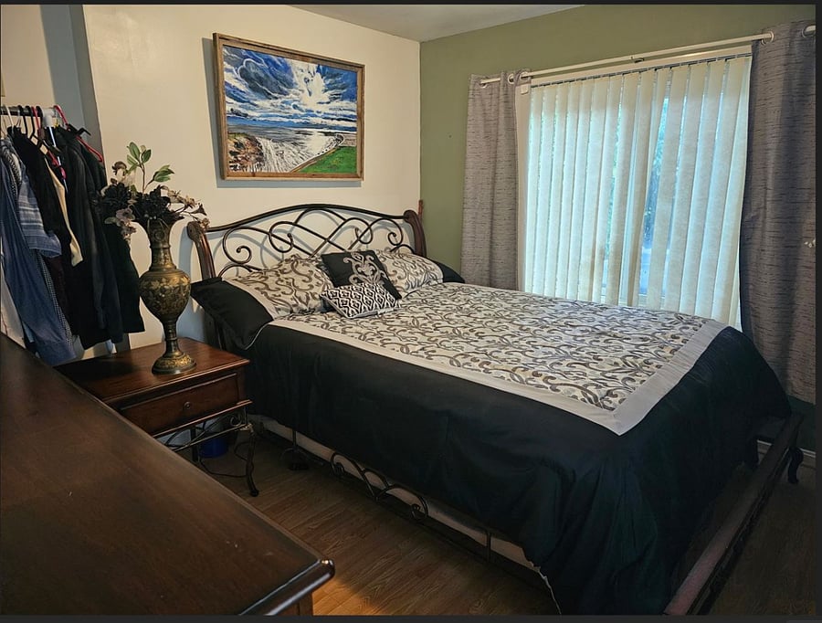Full Queen bed with nice mattress and two full dressers, one with large mirror