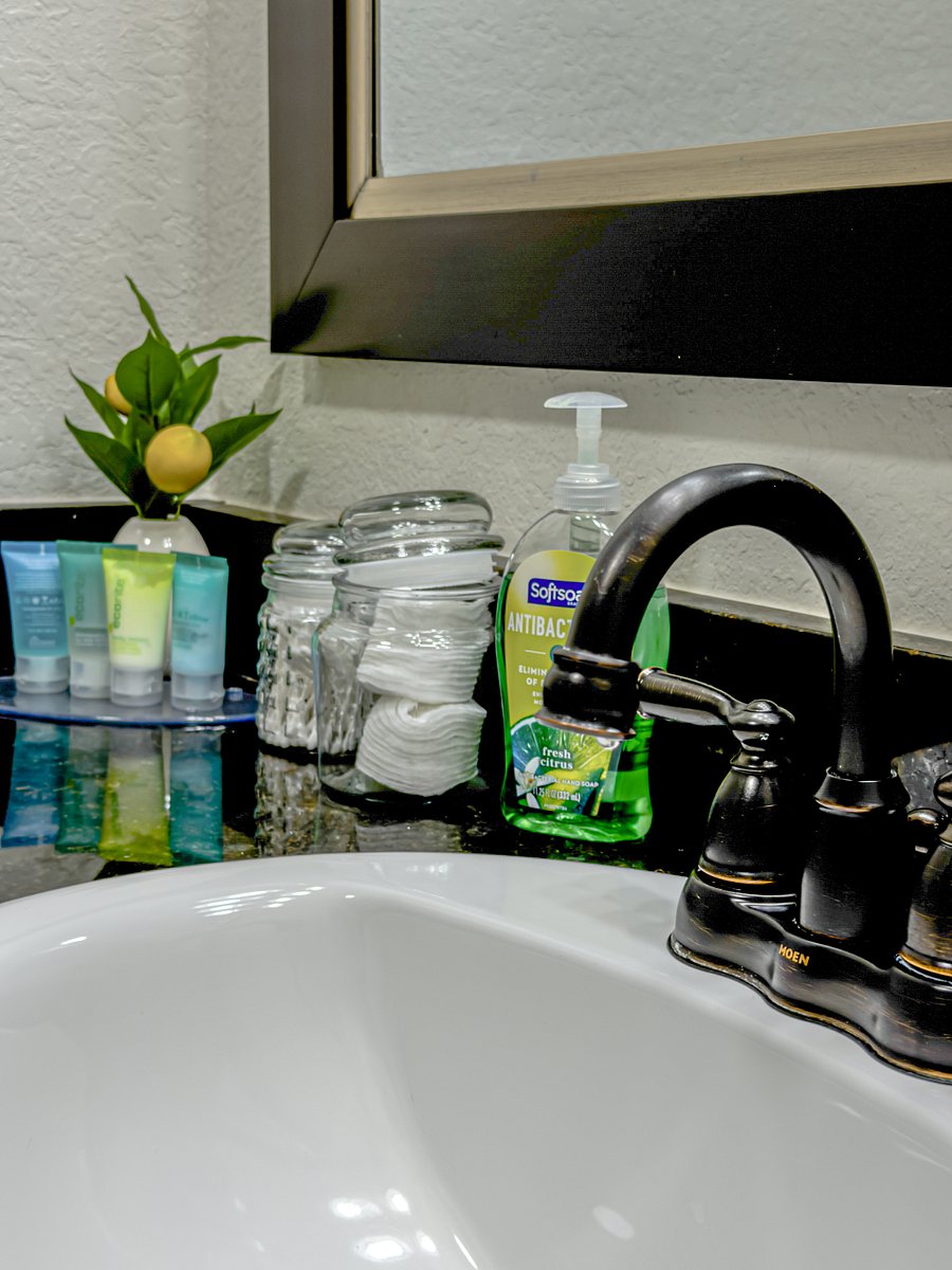 Clean, bright, and invitingthis shower is stocked with plush towels and premium toiletries.