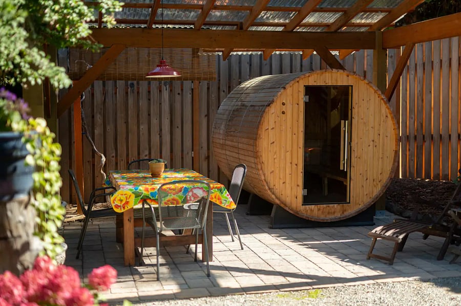 Large sauna, outdoor dining table