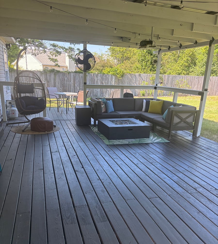 Covered back porch with fire pit and seating areas