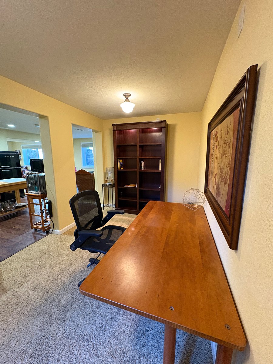 Lighted bookcase in office/guest area