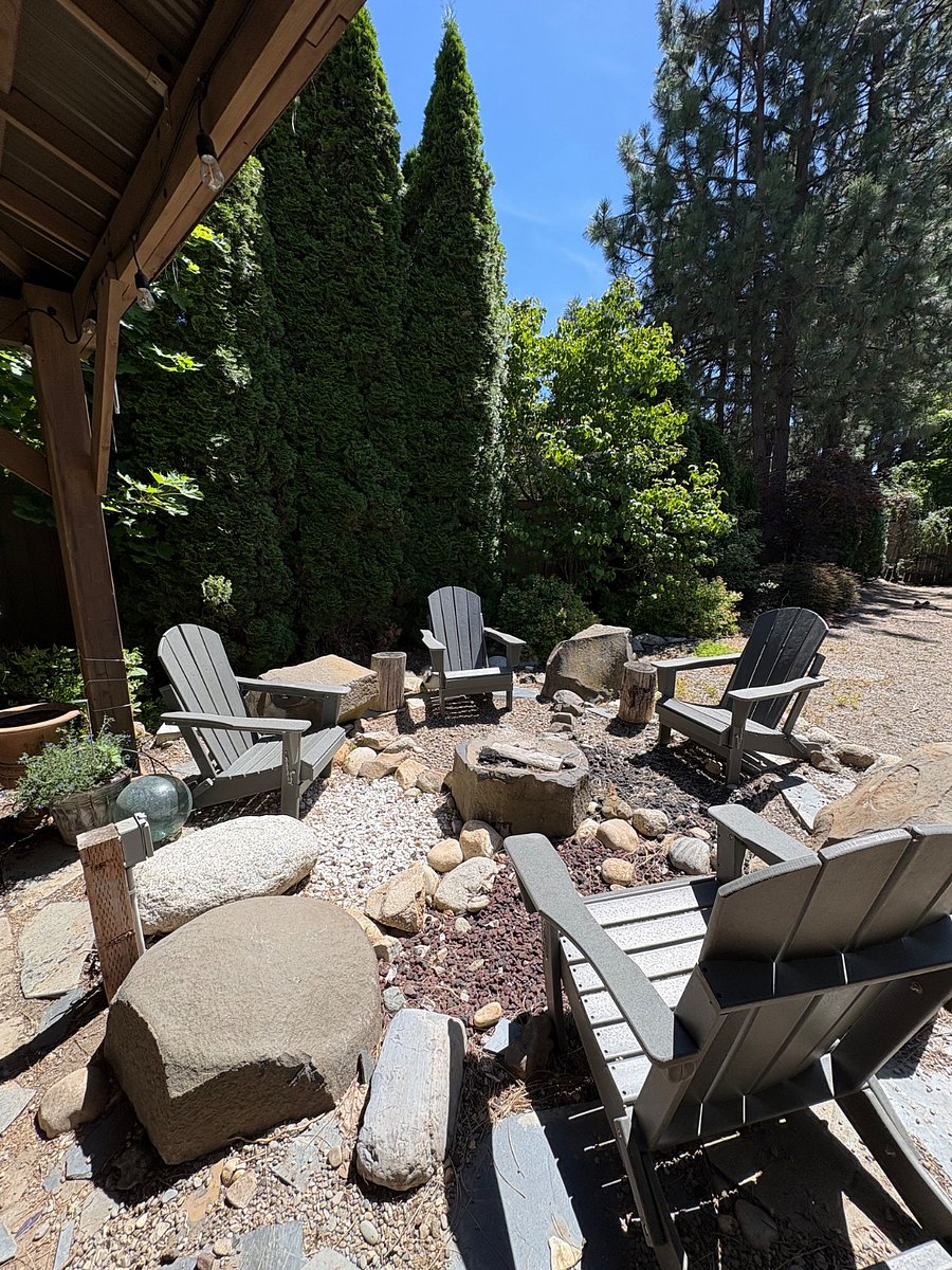 Seating area with fire pit in backyard