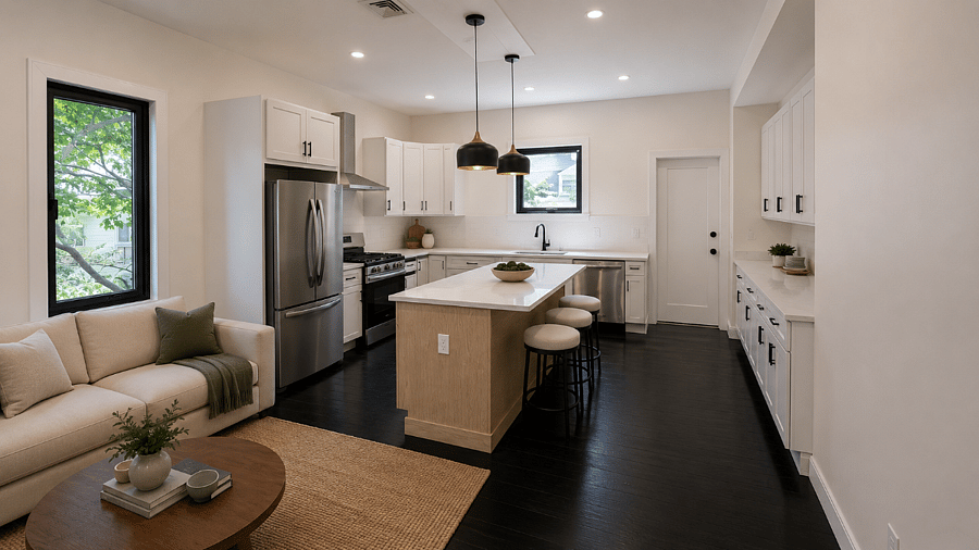 Kitchen w island and stainless steel appliances