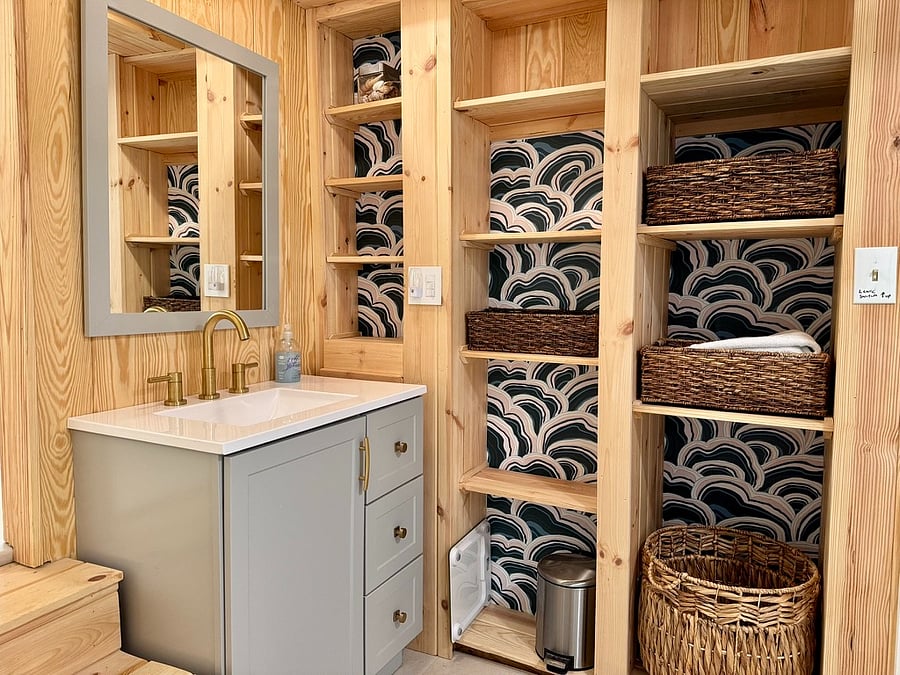 Ample shelving in bathroom